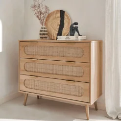 Cómoda con efecto madera y caña redondeada, 3 cajones