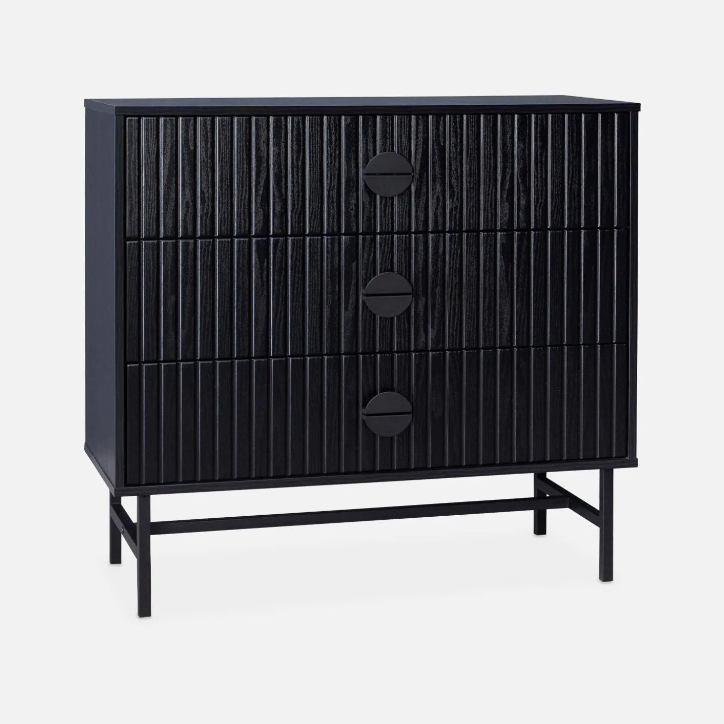 Cómoda con efecto madera y ranuras negras, 3 cajones