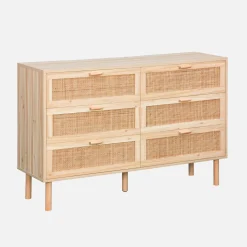 Cómoda de 6 cajones con caña y efecto madera