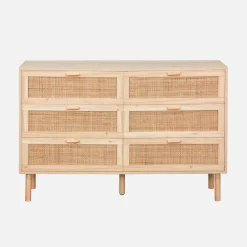 Cómoda de 6 cajones con caña y efecto madera