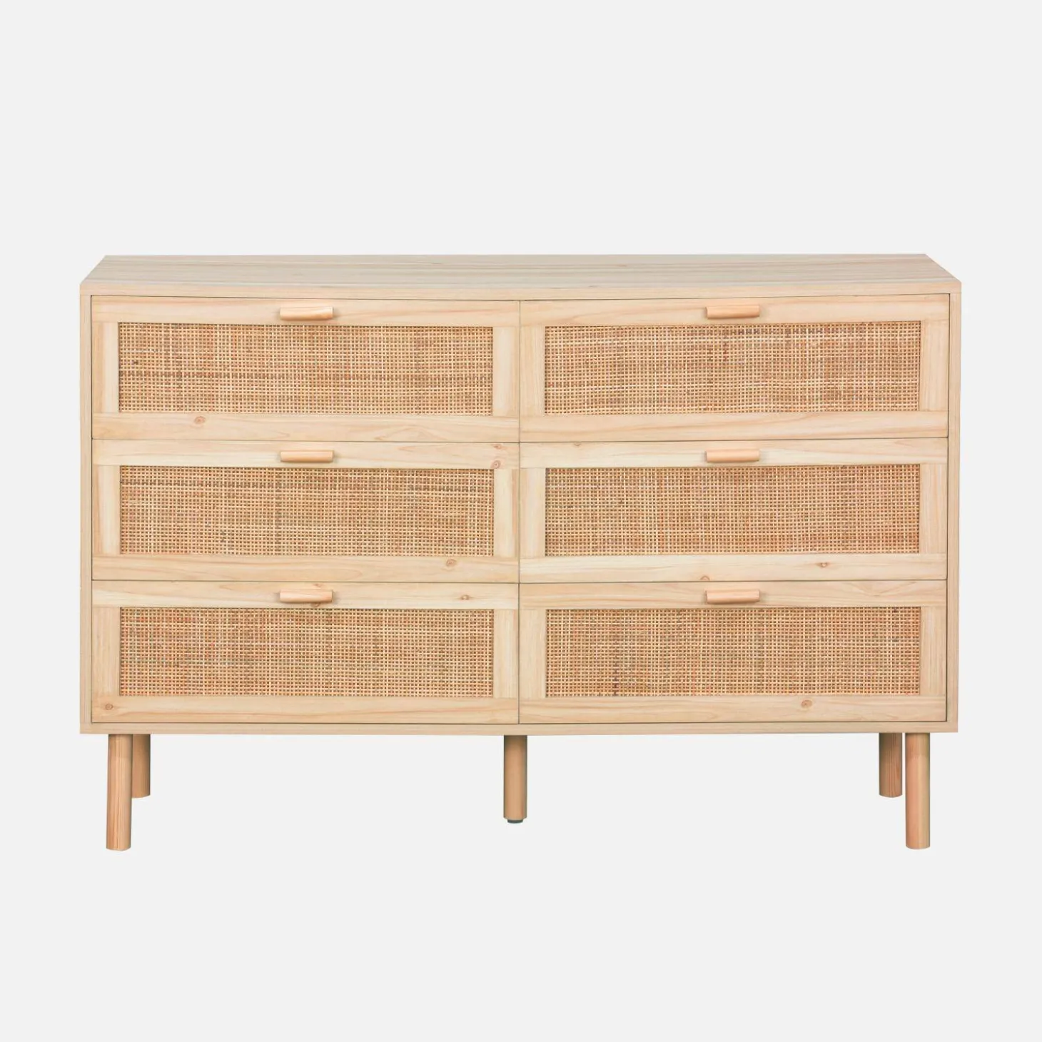 Cómoda de 6 cajones con caña y efecto madera