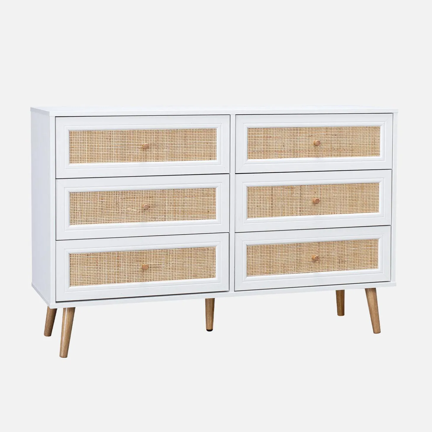 Cómoda de 6 cajones con efecto madera y caña