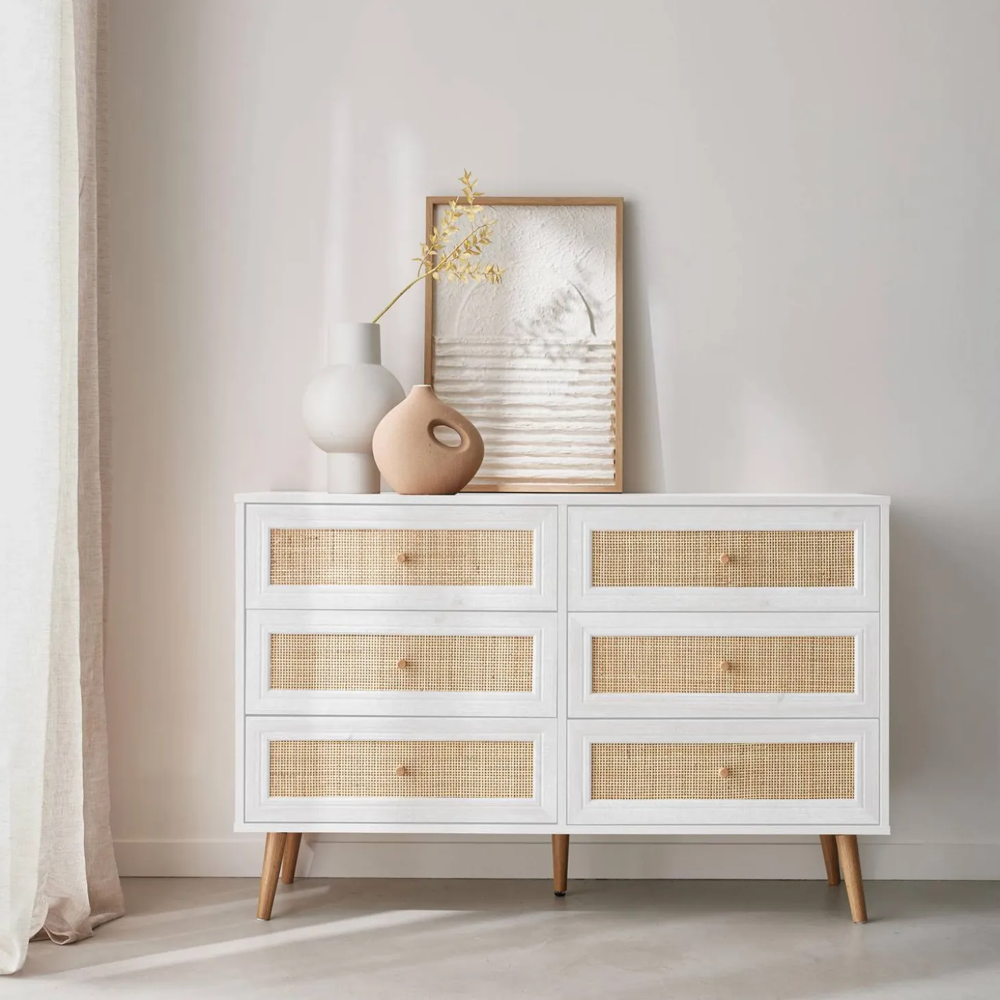 Cómoda de 6 cajones con efecto madera y caña