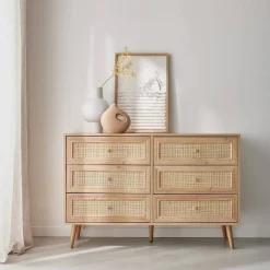 Cómoda de 6 cajones con efecto madera y caña