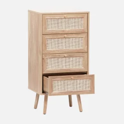 Cómoda de 4 cajones efecto madera y caña