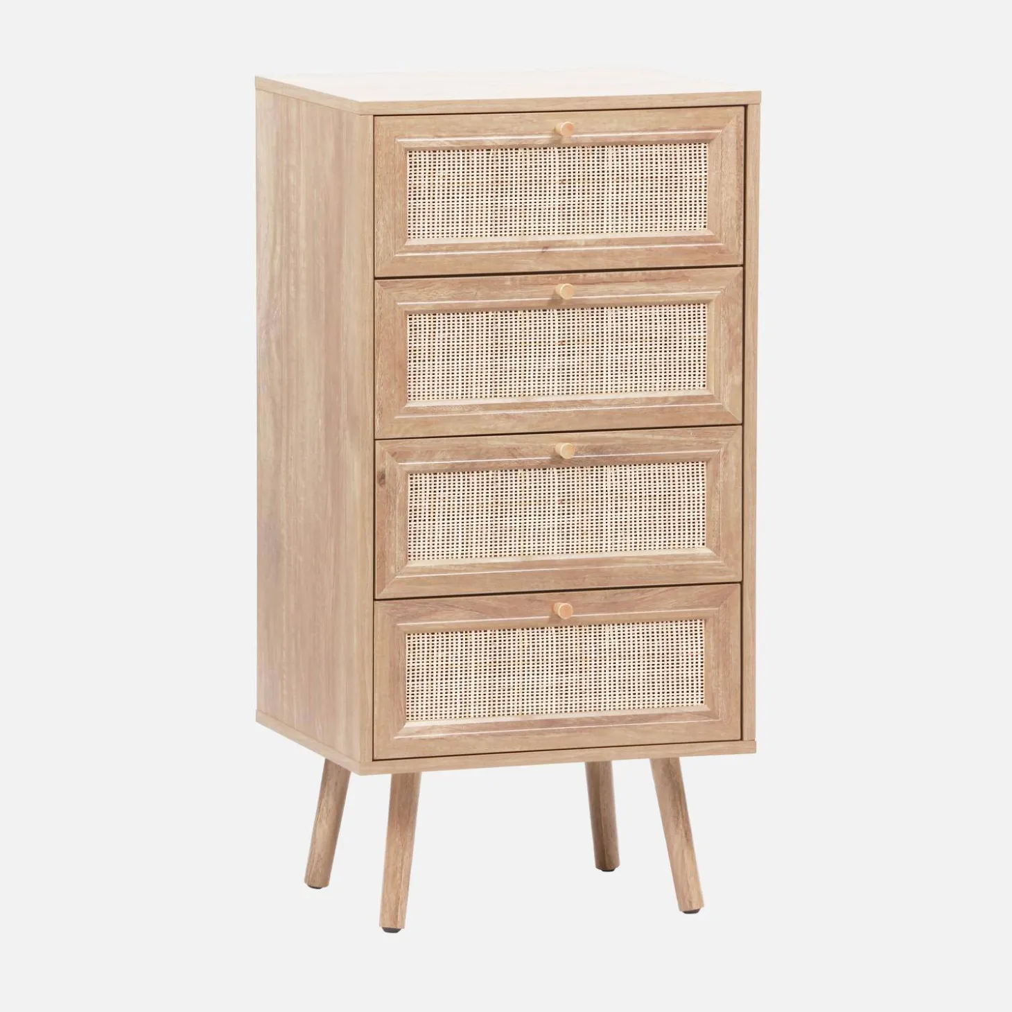 Cómoda de 4 cajones efecto madera y caña