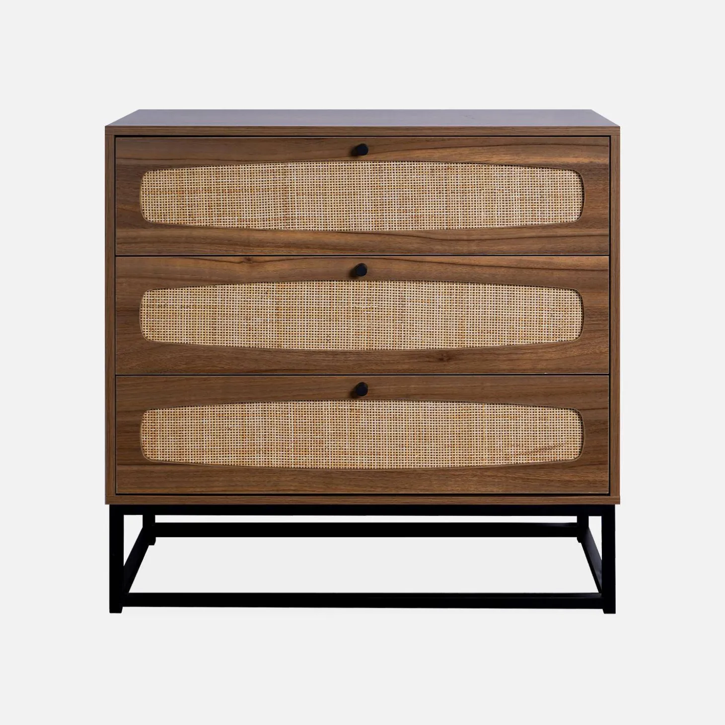 Cómoda de madera y caña, 3 cajones