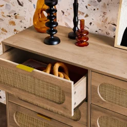 Cómoda de madera y caña redondeada, 6 cajones