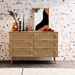 Cómoda de madera y caña redondeada, 6 cajones
