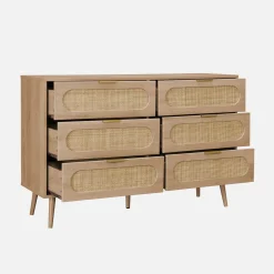 Cómoda de madera y caña redondeada, 6 cajones