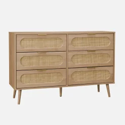 Cómoda de madera y caña redondeada, 6 cajones