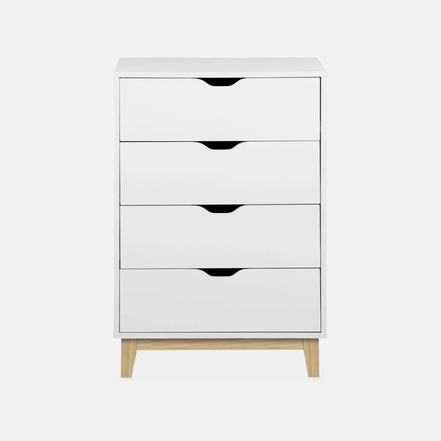 Cómoda efecto madera con patas de madera, 4 cajones
