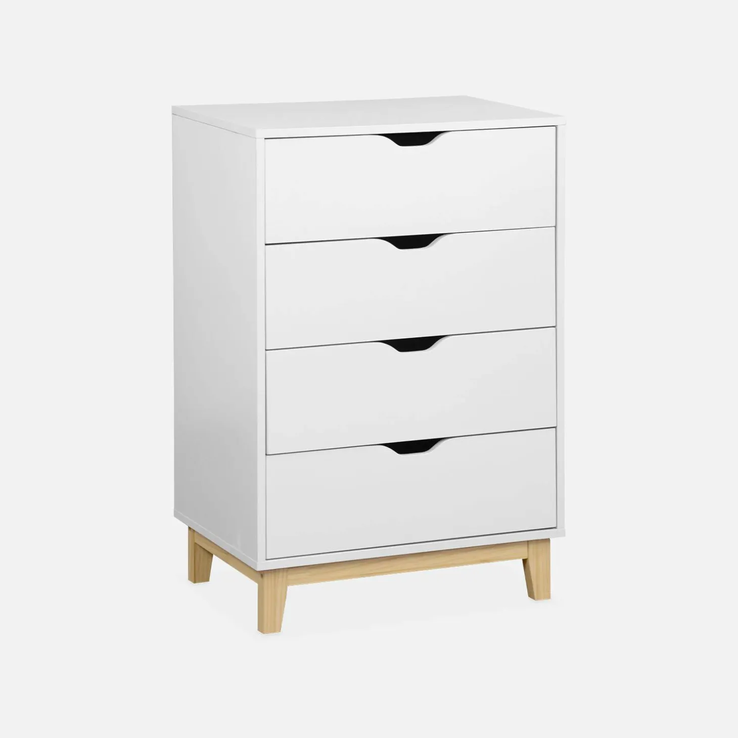 Cómoda efecto madera con patas de madera, 4 cajones