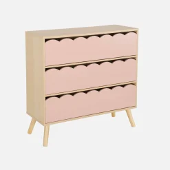 Cómoda infantil efecto madera con patas de pino, 3 cajones