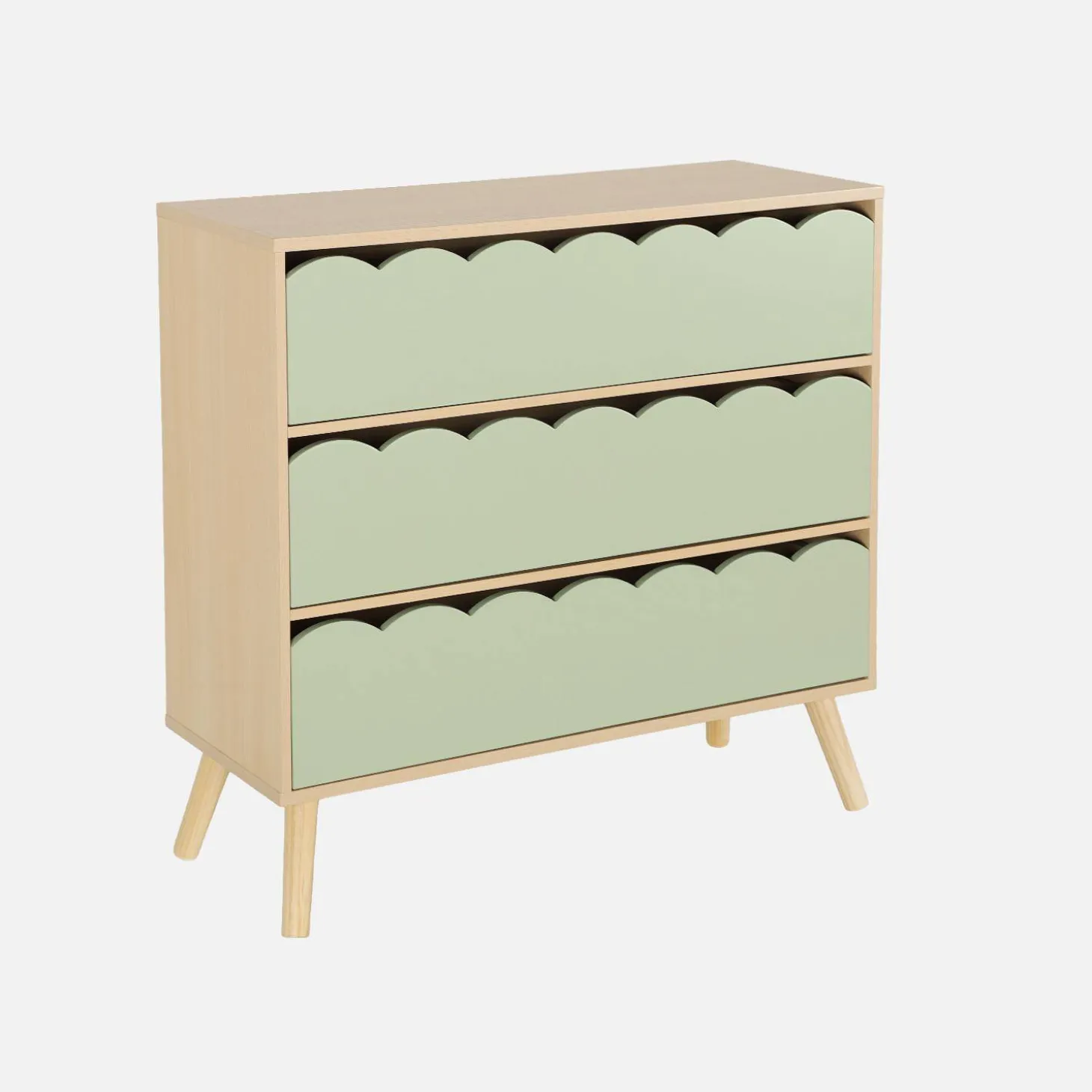 Cómoda infantil efecto madera con patas de pino, 3 cajones