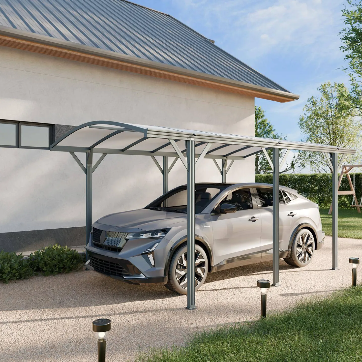 Cochera con techo de aluminio y policarbonato de 15m²