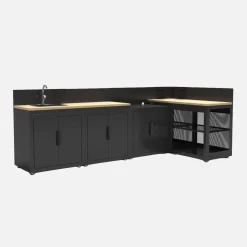Cocina de exterior 5 módulos acero y decoración madera