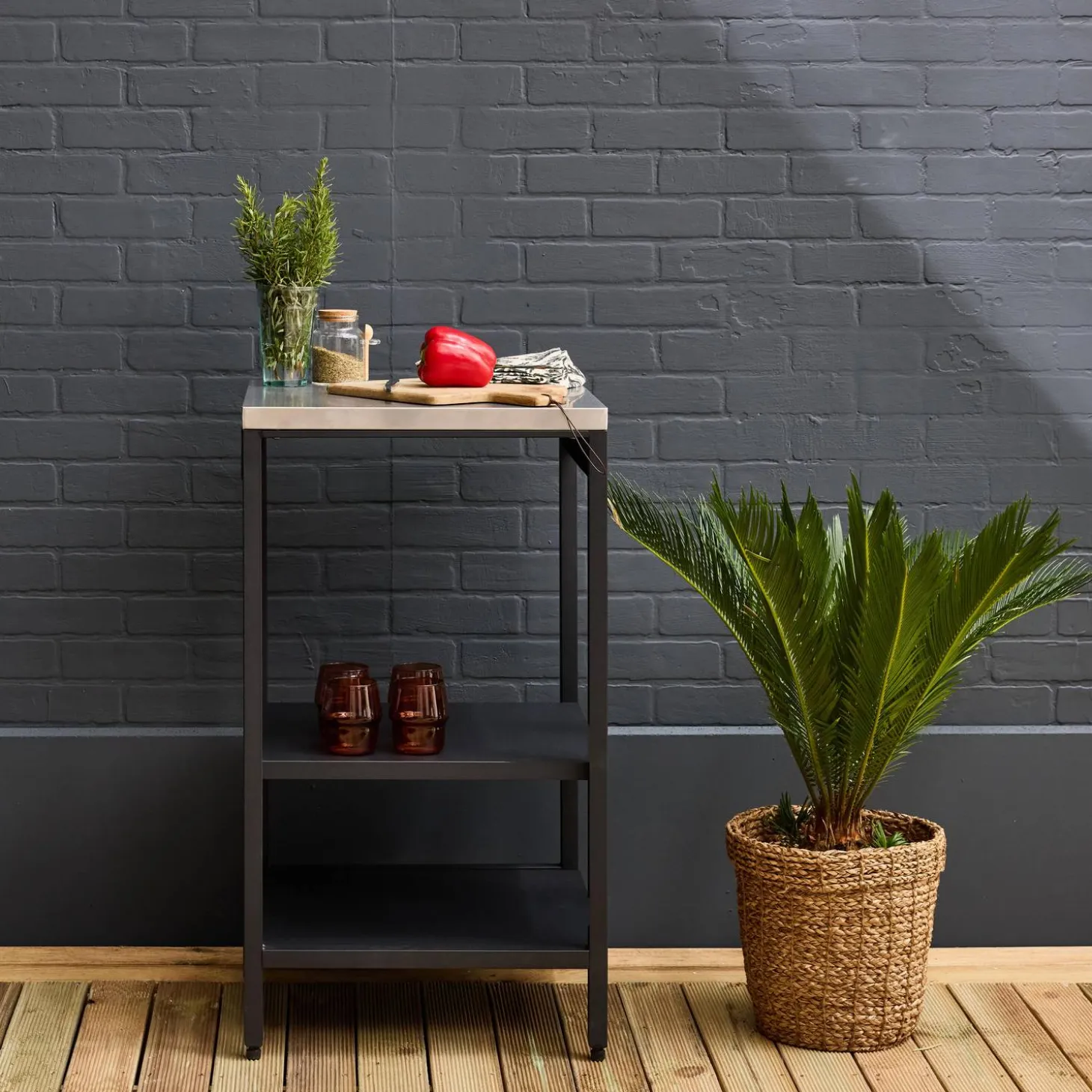 Cocina de exterior de acero con 2 estantes, 49cm