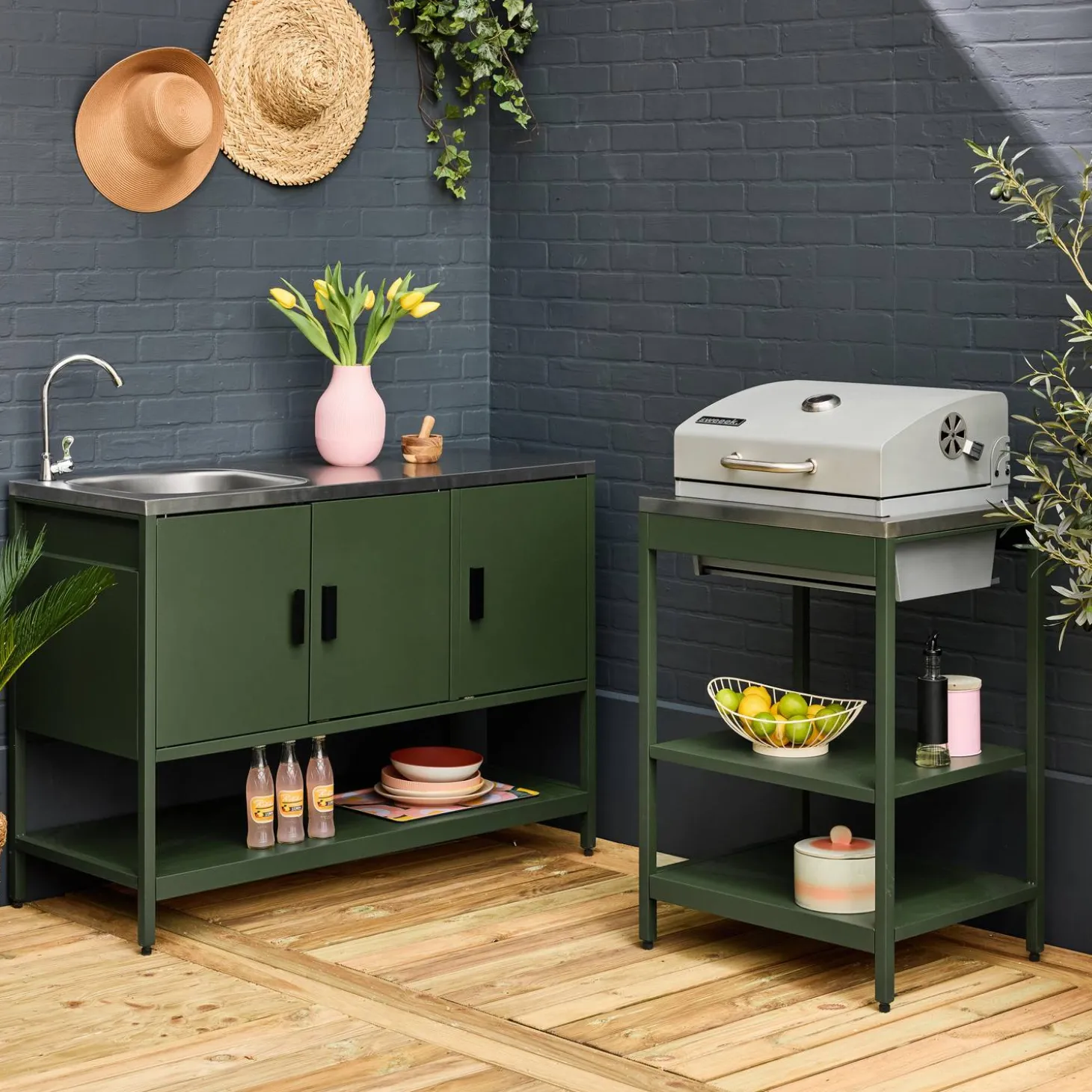 Cocina exterior 2 módulos acero inoxidable barbacoa de carbón con fregadero