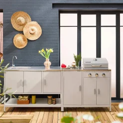 Cocina exterior acero inoxidable barbacoa gas 3 quemadores con fregadero, 2 módulos