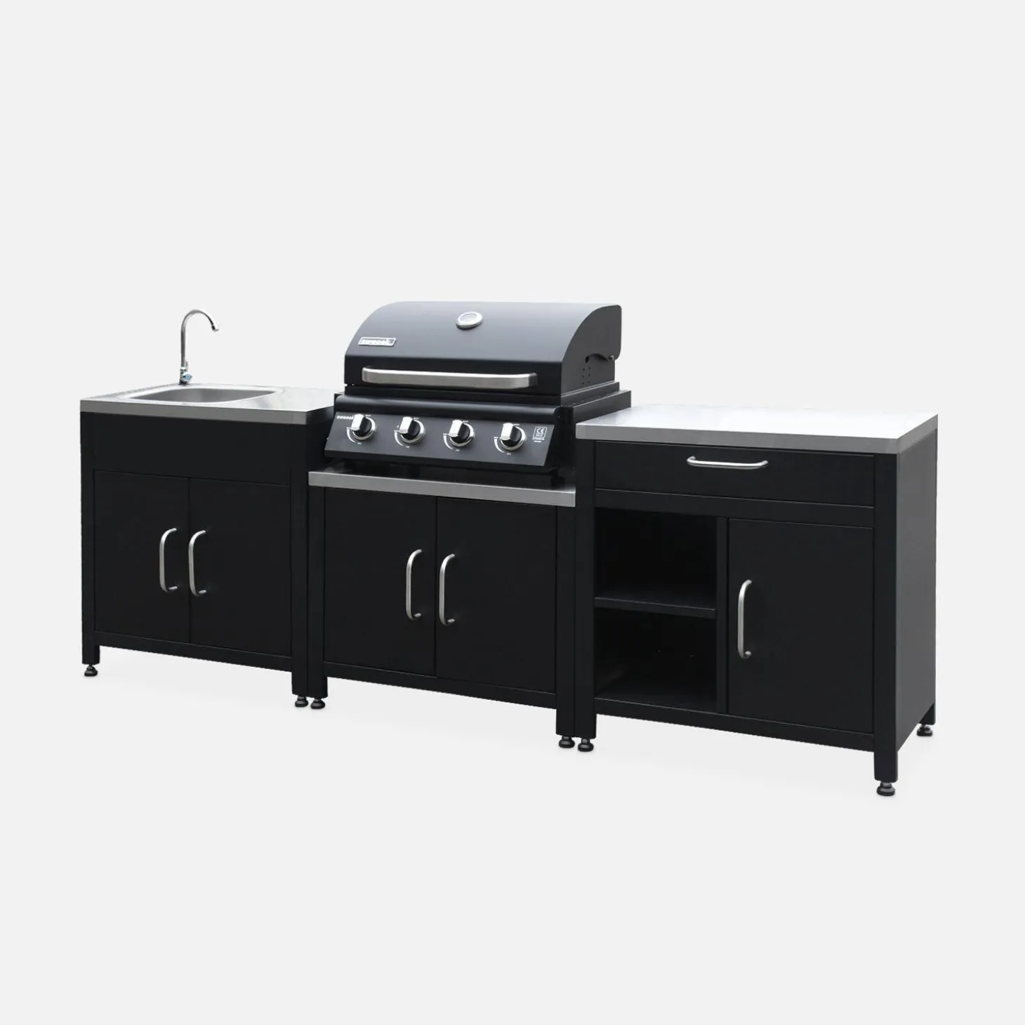 Cocina exterior completa de acero inoxidable con barbacoa de gas de 4 quemadores