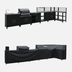 Cocina exterior completa de acero inoxidable con barbacoa con funda