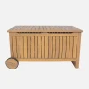 Cofre de jardín de madera de acacia con ruedas, 119L