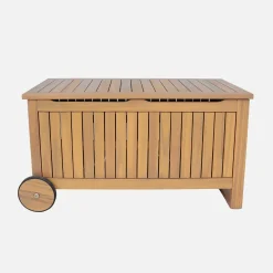 Cofre de jardín de madera de acacia con ruedas, 119L