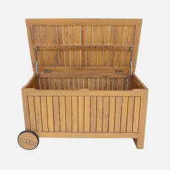 Cofre de jardín de madera de acacia con ruedas, 119L