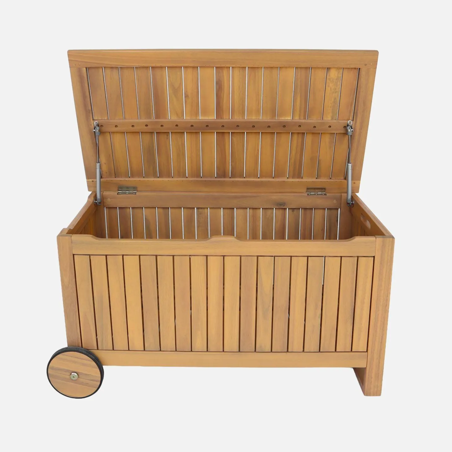 Cofre de jardín de madera de acacia con ruedas, 119L