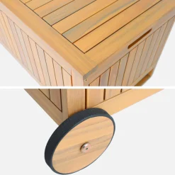 Cofre de jardín de madera de acacia con ruedas, 119L