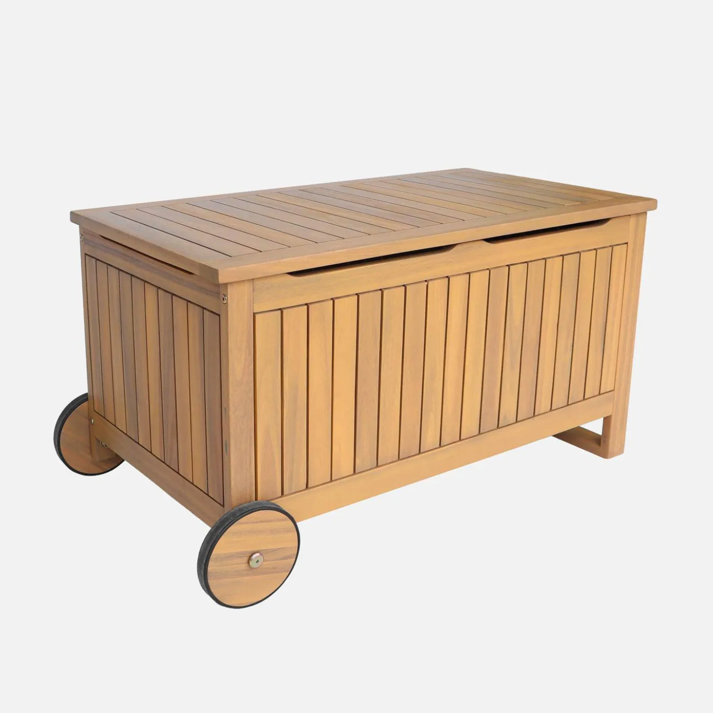 Cofre de jardín de madera de acacia con ruedas, 119L
