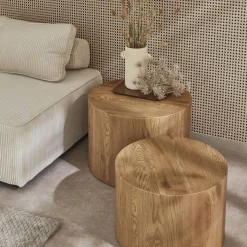 Conjunto de 2 mesas bajas redondas nido efecto roble