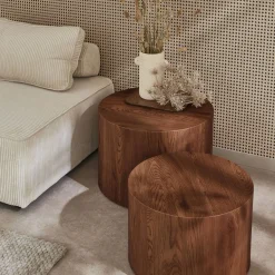 Conjunto de 2 mesas bajas redondas nido efecto roble