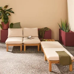Conjunto de tumbonas modular de madera de acacia multiposición con mesas, set de 2