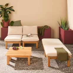 Conjunto de tumbonas modular de madera de acacia multiposición con mesas, set de 2