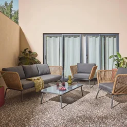 Conjunto de jardín bajos, resina tejida efecto ratán, 5 plazas