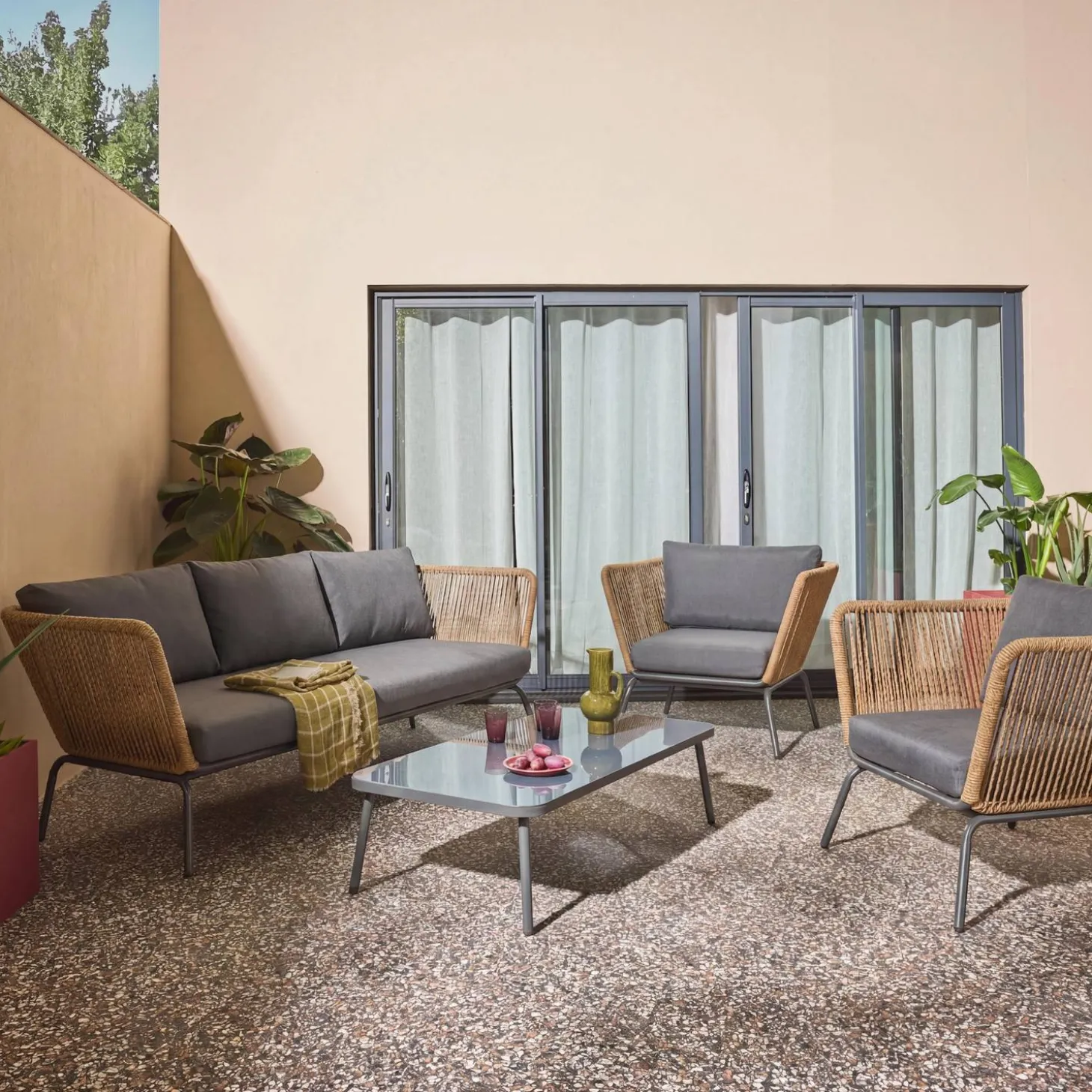 Conjunto de jardín bajos, resina tejida efecto ratán, 5 plazas