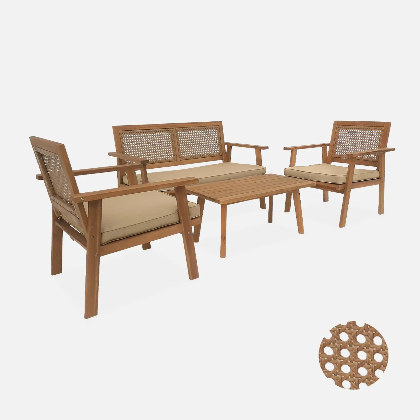 Conjunto de jardín de madera y caña redonda, 4 plazas