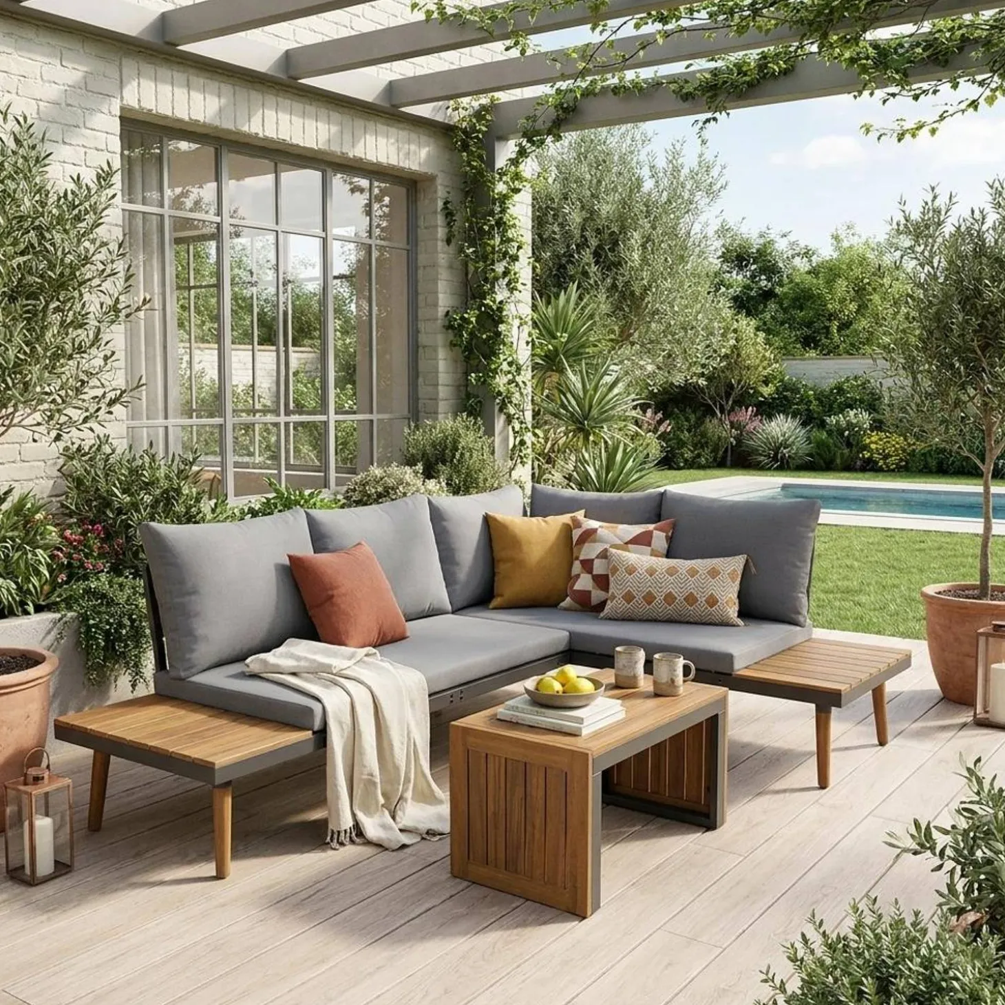 Conjunto de jardín en aluminio y en madera de acacia, 4 plazas