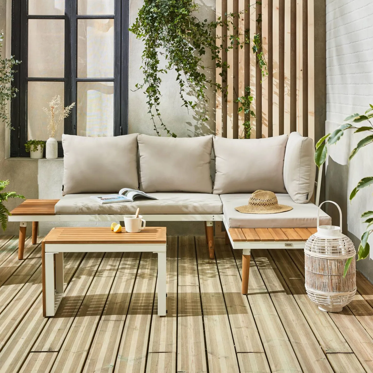 Conjunto de jardín en aluminio y en madera de acacia, 4 plazas