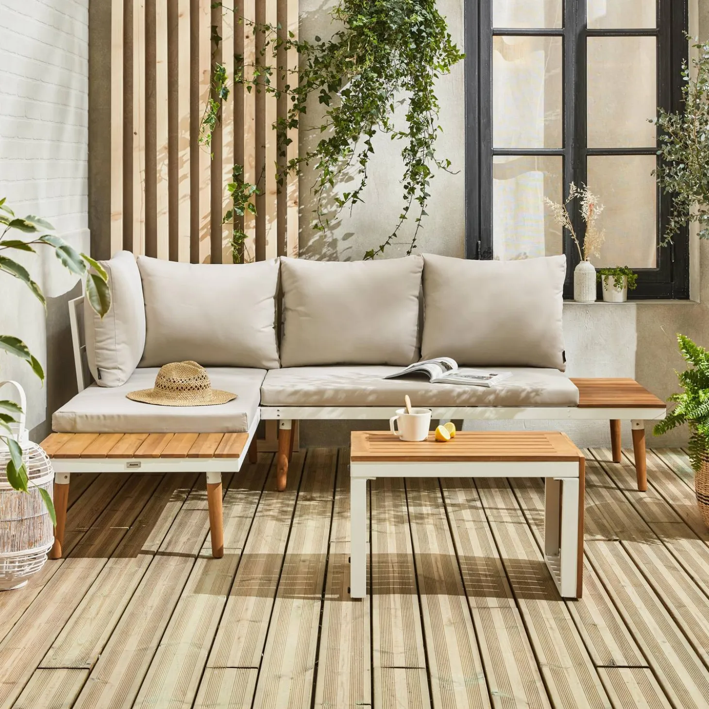 Conjunto de jardín en aluminio y en madera de acacia, 4 plazas