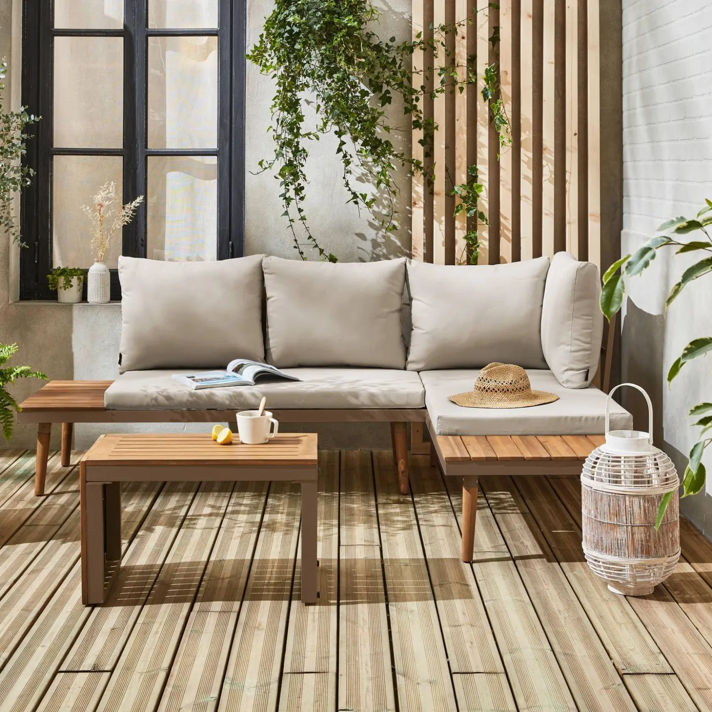 Conjunto de jardín en aluminio y en madera de acacia, 4 plazas