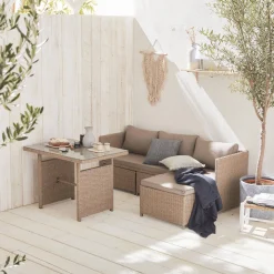 Conjunto de jardín en resina trenzada con mesa, 6 plazas