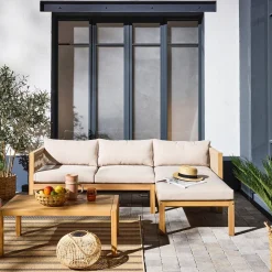 Conjunto de jardín para ángulo en madera de acacia y cuerda, 4 plazas