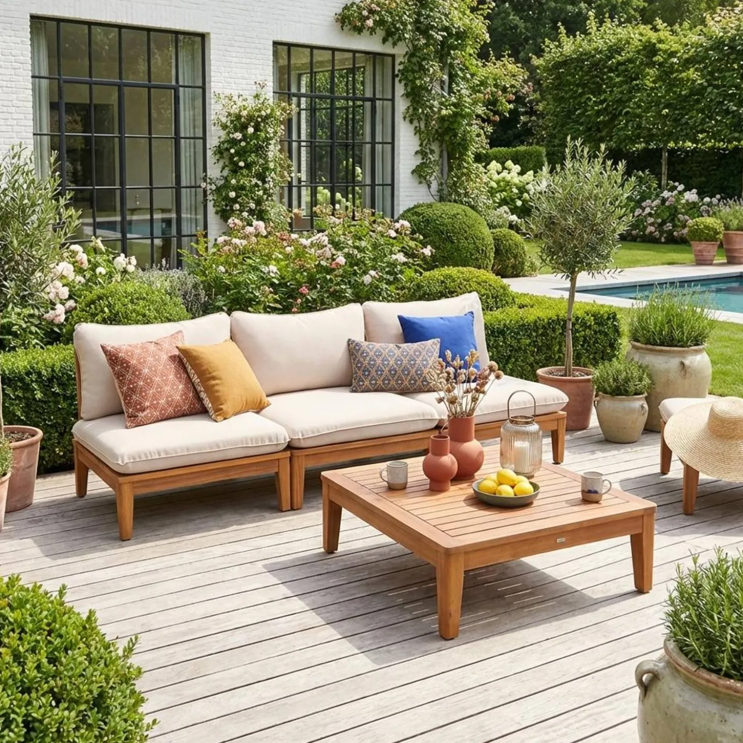 Conjunto de muebles de jardín modular de madera de acacia, 3 plazas