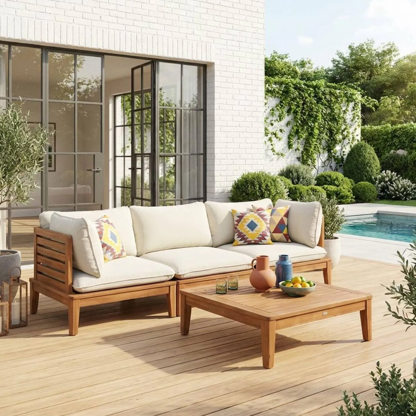 Conjunto de muebles de jardín modular de madera de acacia y borreguito, 3 plazas