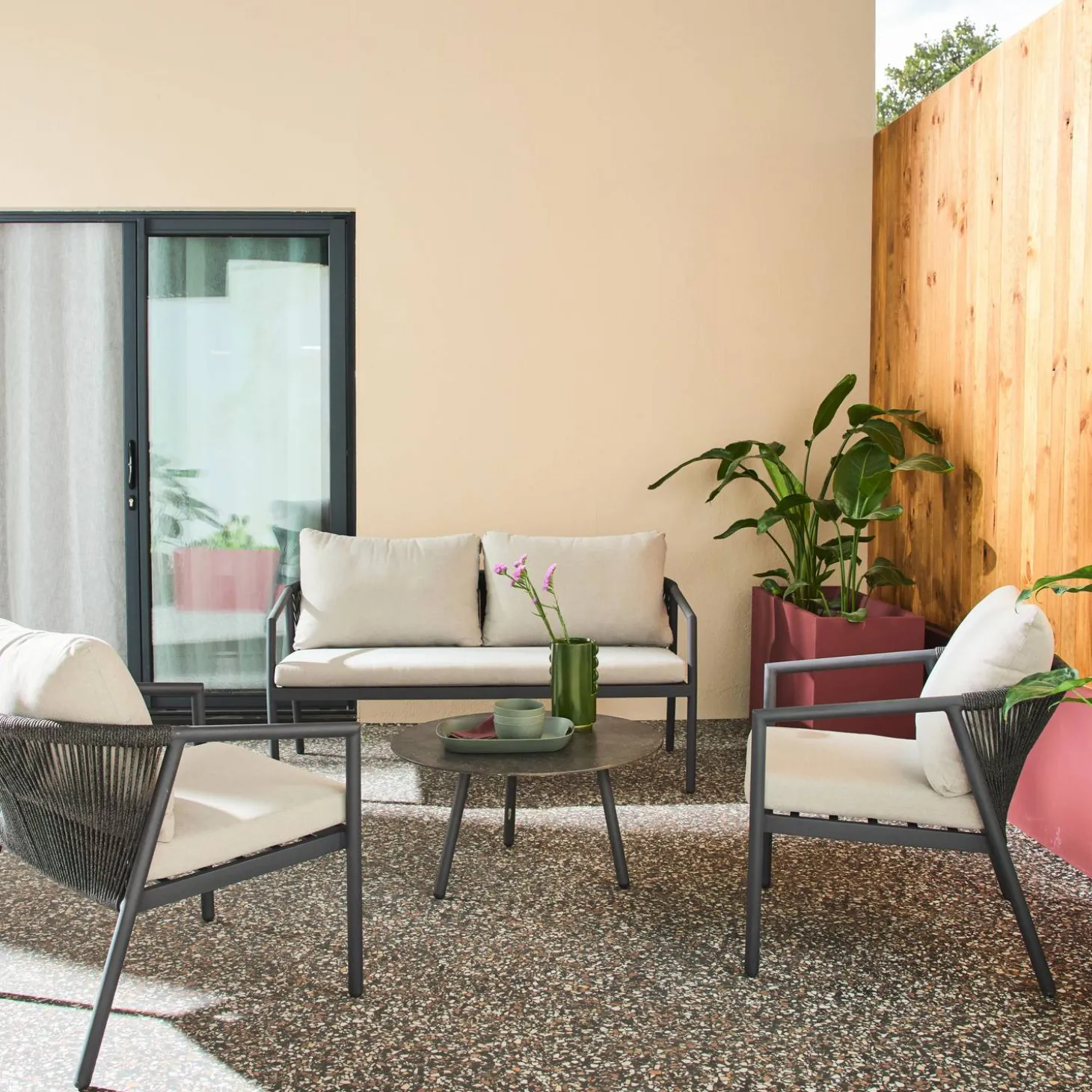 Conjunto de muebles de jardín de aluminio y cuerdas, 4 plazas