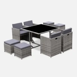 Conjunto mesa de jardín de resina, 8 plazas