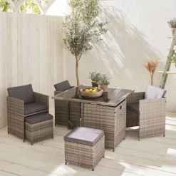 Conjunto mesa de jardín de resina, 8 plazas